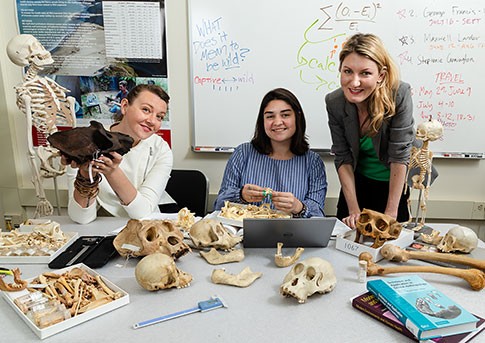 The students sit at a table with various primate bones with the text "Our HANDS-ON! Approach"