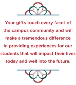Your gifts touch every facet of the campus community and will make a tremendous difference in providing experiences for our students that will impact their lives today and well into the future.