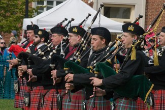 bagpipers on Moffett Quad