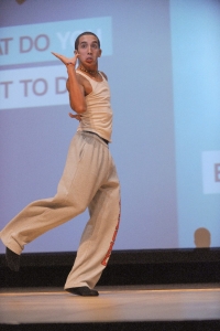 Dancer and new RU student  Mark shows his stuff on the stage of Bondurant Auditorium