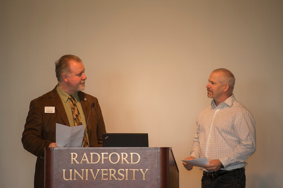 Radford University Provost Graham Glynn and faculty member Kevin Ayers perform a skit written by Provost Glynn during the fourth annual Institutional Effectiveness Day.