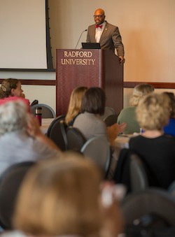 Radford University President Brian O. Hemphill addresses the audience during the fourth annual Institutional Effectiveness Day.