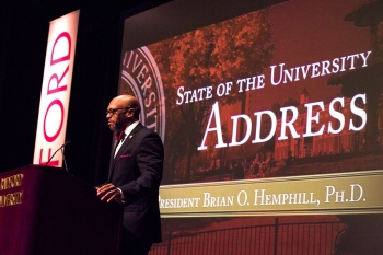 President Brian O. Hemphill addresses the Radford family in his inaugural State of the University Address on Oct. 6.