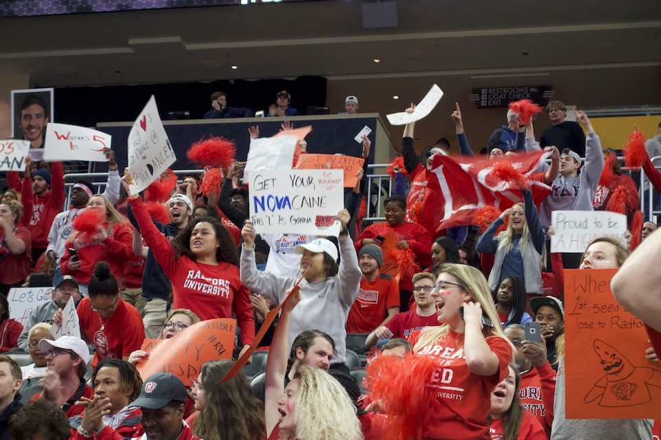 Radford University students cheered the team as they took the court for warmups.