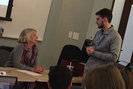 Nancy Artis ‘73 was part of an in-class exercise with students in Mike Chatham’s advanced tax class, offering expert advice on dealing with tax nexus issues.