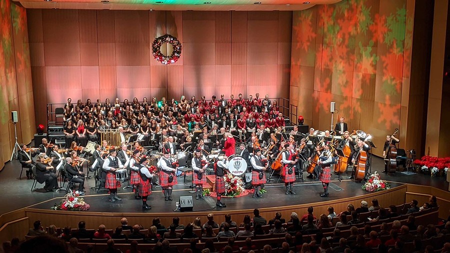 The Radford University Highlanders Pipes and Drums onstage with the Roanoke Symphony Orchestra at the at the Moss Arts Center in Blacksburg on Dec. 7.