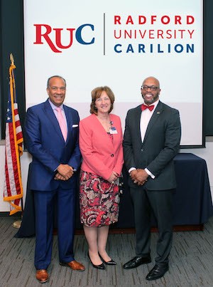 Left to right: Jefferson College of Health Sciences President Nathaniel L. Bishop, D.Min., Executive Vice President of Carilion Clinic Jeanne Armentrout and Radford University President Brian O. Hemphill, Ph.D.