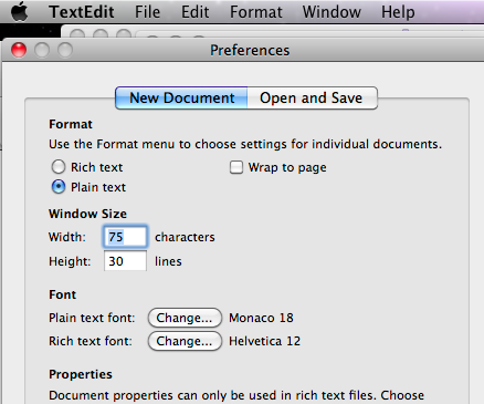 Preferences for TextEdit - left pane