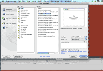 New document menu in Dreamweaver CS5