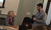 Nancy Artis ’73 (left) answers a tax nexus question from student Tristen Cregger