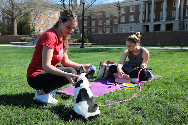 Two Radford students sit outside with dog.