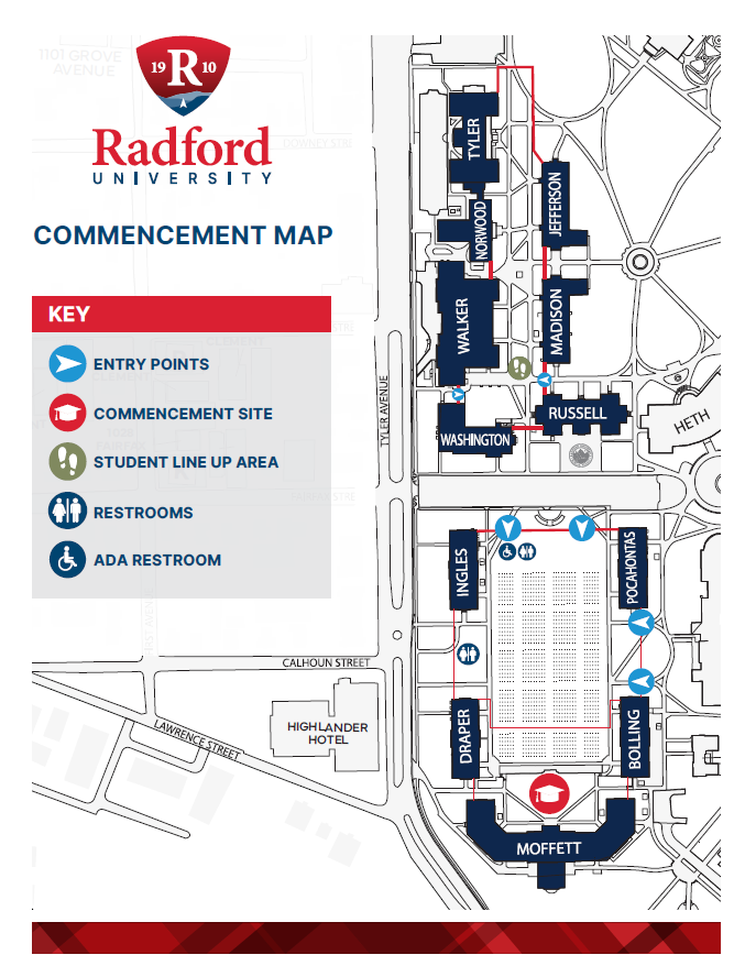 A view of the commencement day map including four entry points to the ceremony and student line up area