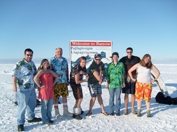 Student researchers wearing tropical clothing in the Arctic. 