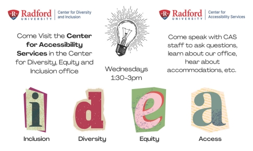 Come visit the CAS office in the Center for Diversity, Equity and Inclusion office on Wednesdays from 1:30-3:00pm a CAS staff member will be available to answer questions and provide information about CAS services.