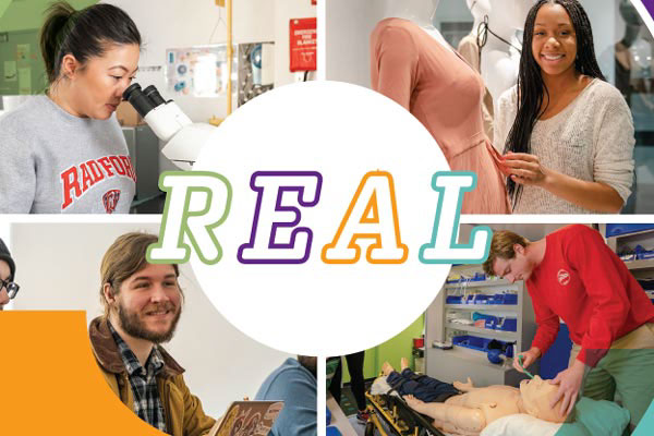 The word REAL with images of students working in contexts related to each of the letters paths of study.