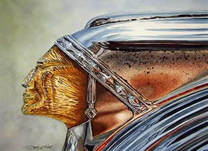 Watercolor painting of   Side view of a weathered and pitted Lucite and chrome 1949 Pontiac hood ornament