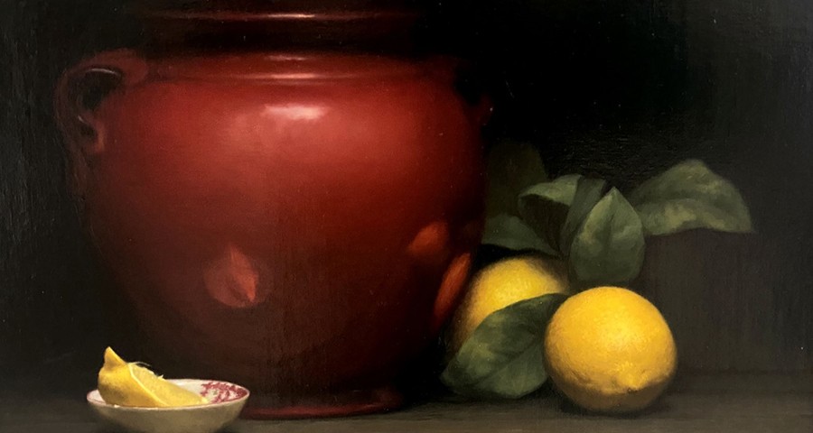 still life painting of vase and lemons