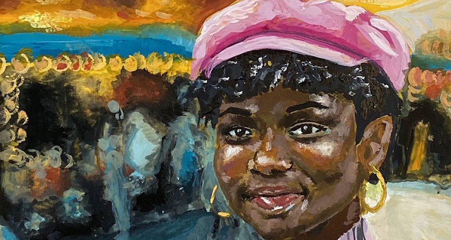 painting of African American woman outdoors in city