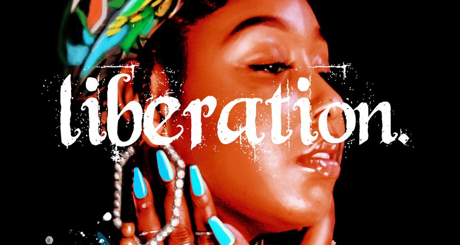 woman touching face with liberation written over it