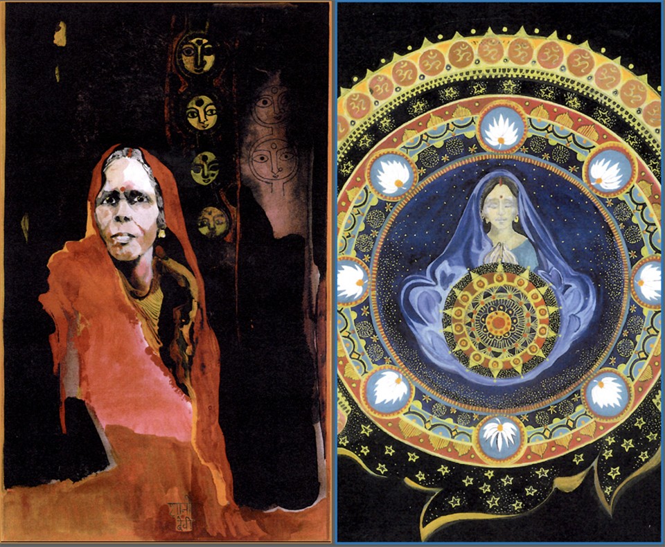 Details of portraits of Chano Devi (left) and Urmila Devi (right), by Martine le Coz.