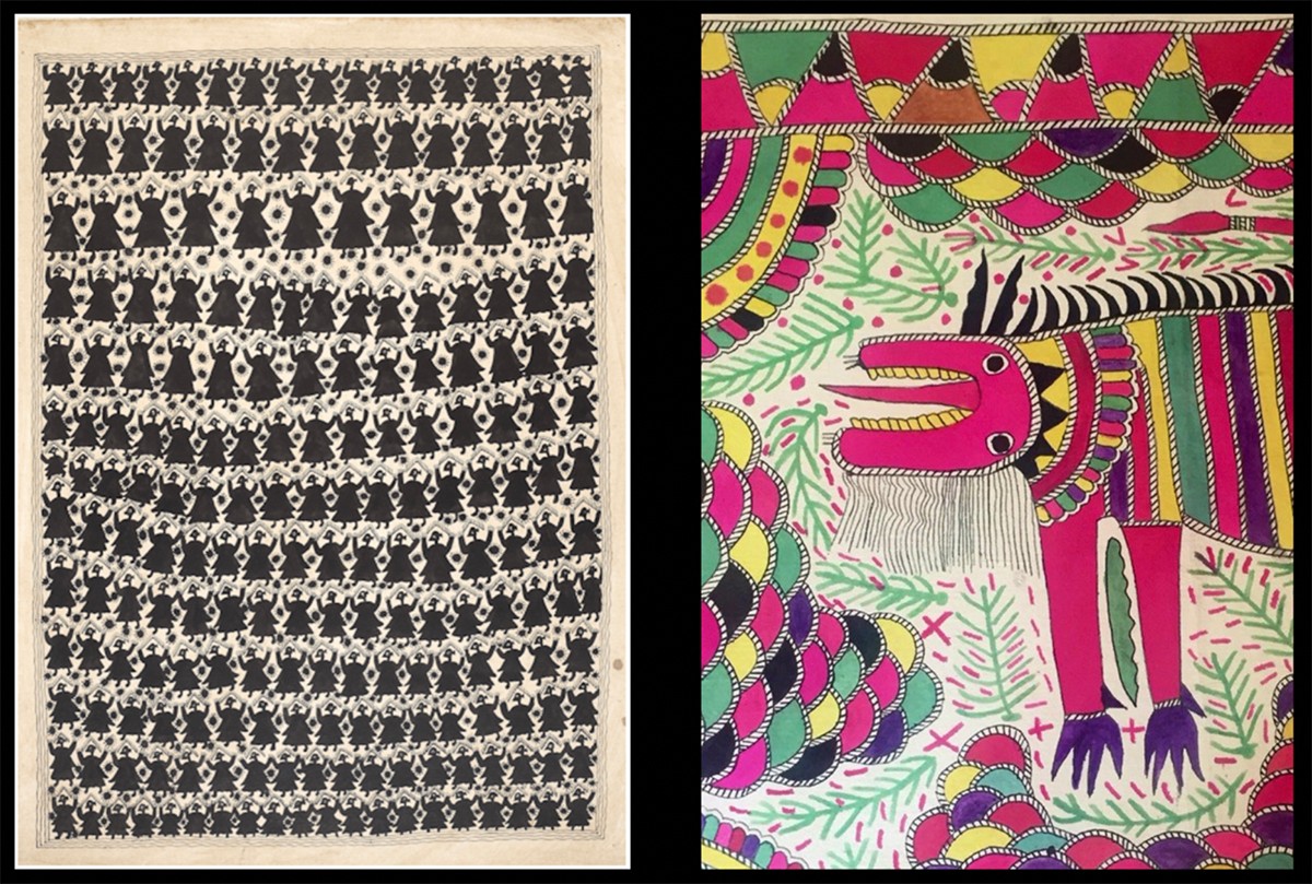 Images of Chano Devi's "The Ghosts of Raja Salhesh" (left) and a detail of Jamuna Devi's "Tiger Hunting" (right).