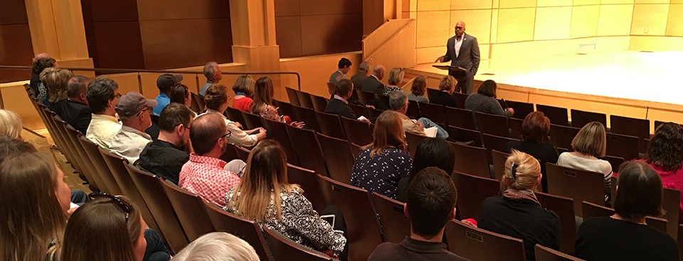 President Hemphill speaks with faculty and staff in the College of Visual and Performing Arts about the proposed Center for Adaptive Innovation and Creativity