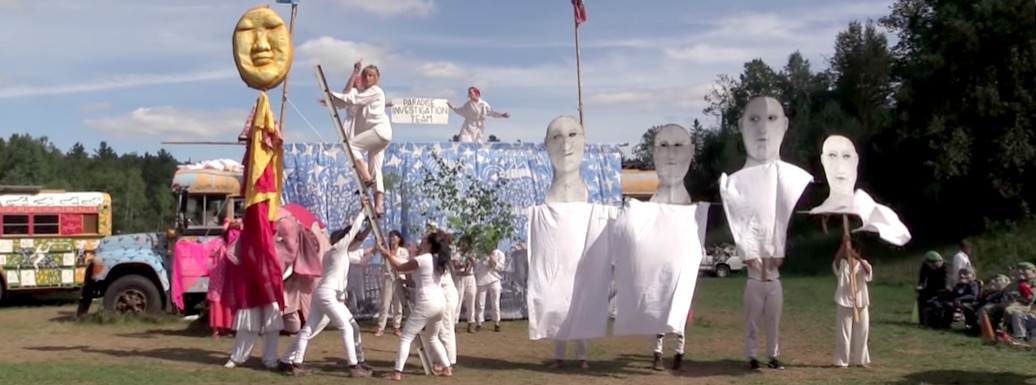 The Grasshopper Rebellion Circus is performed at Bread and Puppet Theater's outdoor venue in Vermont.