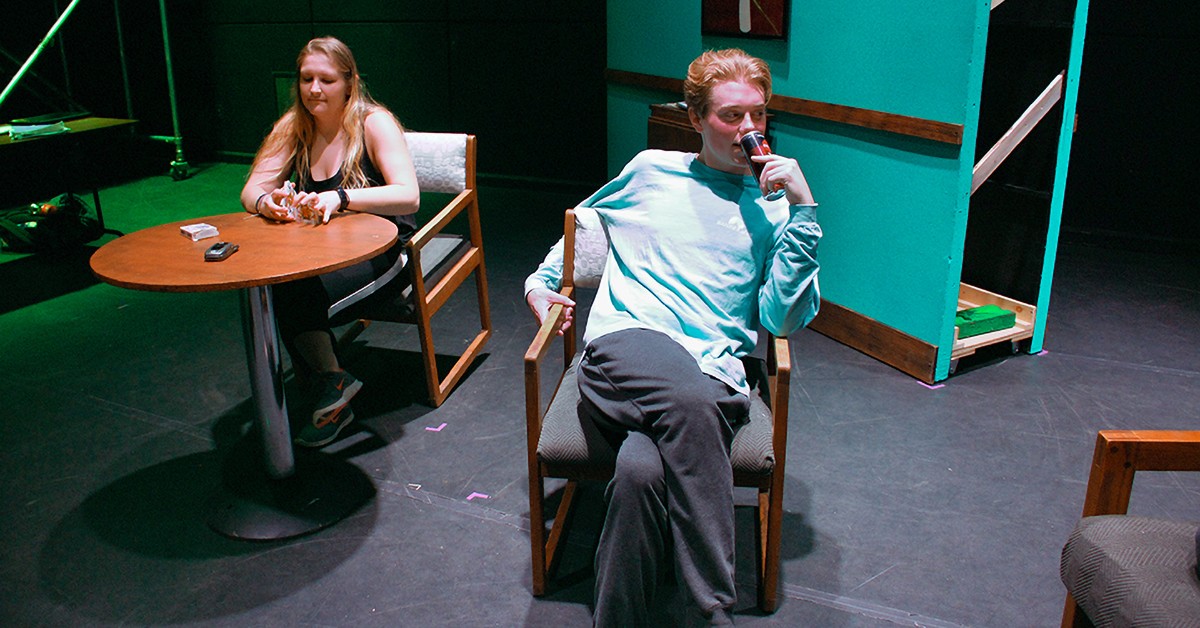 Holly, played by Senior Theatre Major Shaly Farmer, and Luke, played by Junior Jason Viers, share a ruminative moment in a scene from “Next Fall” by Geoffrey Nauffts.