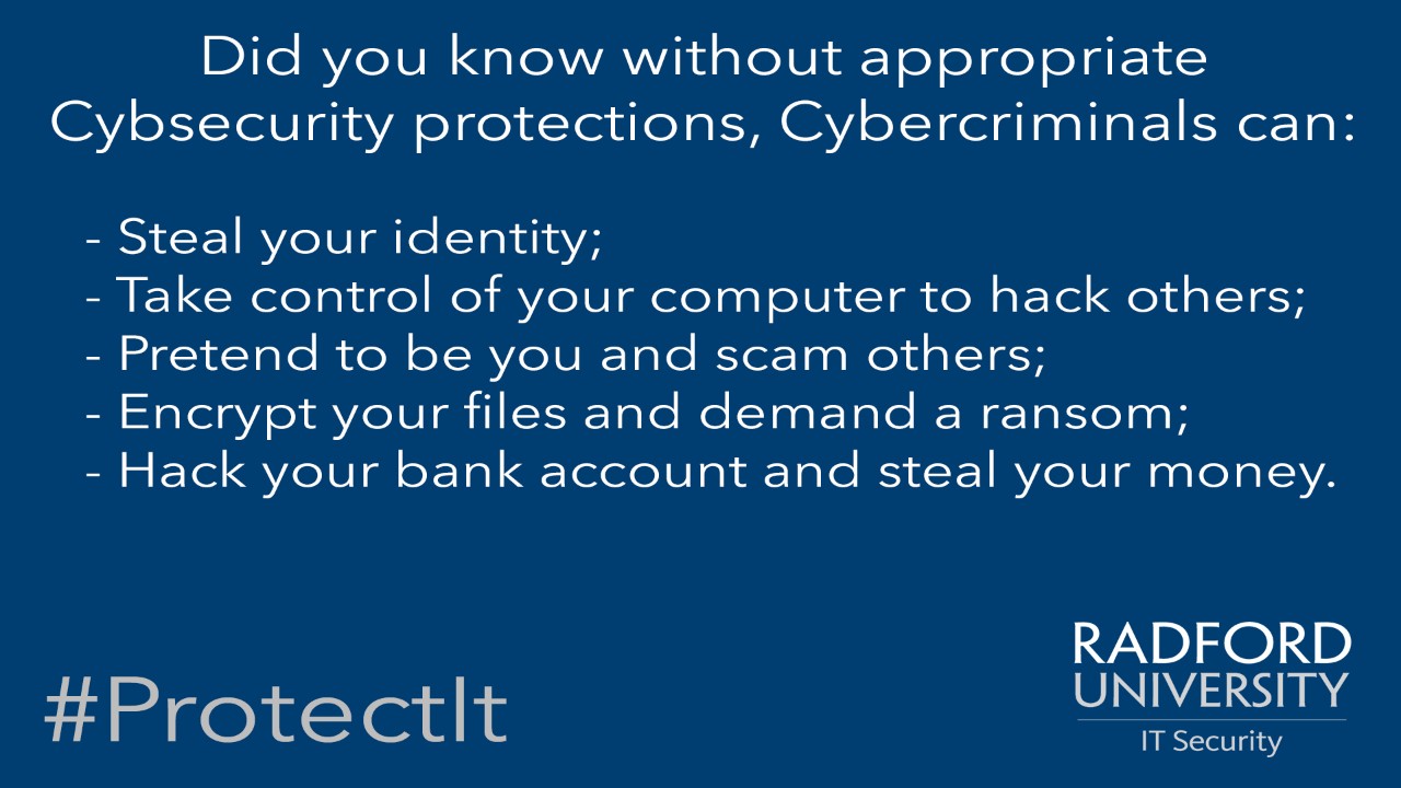 Did you know without appropriate Cybersecurity protections, cybercriminals can: steal your identity, take control of your computer to hack others, pretend to be you and scam others, encrypt your files and demand a ransom and hack your bank account and steal your money.