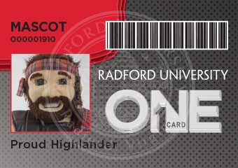 An image of the Radford University mascot, Huey the Highlander, on a Radford University ONE Card with the name Proud Highlander.
