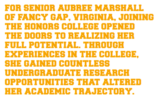 FOR SENIOR AUBREE MARSHALL OF FANCY GAP, VIRGINIA, JOINING THE HONORS COLLEGE OPENED THE DOORS TO REALIZING HER FULL POTENTIAL. THROUGH EXPERIENCES IN THE COLLEGE, SHE GAINED COUNTLESS UNDERGRADUATE RESEARCH OPPORTUNITIES THAT ALTERED HER ACADEMIC TRAJECTORY.