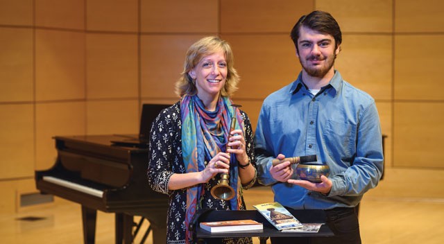 Faculty mentor Jennifer McDonel, Ph.D., left, assistant professor of music, with Research Rookie Bryan Dowd.