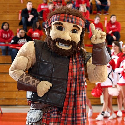 The Radford University Highlander mascot cheers on the team