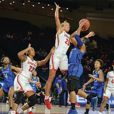 The Radford University women's basketball team playing against an opponent