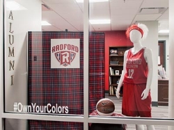The window display within the newly renovated Russell Hall, home of Radford University's Office of Alumni Relations
