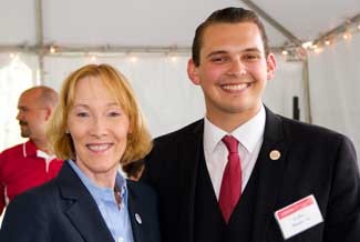 Kyle Hall Reception guests CHBS Dean Kate Hawkins and former SGA President Colby Bender 