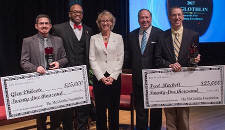 Teachers Glen Chilcote and Fred Mitchell were honored as winners of the McGlothlin Awards for Teaching Excellence at a ceremony April 6 at Radford University.