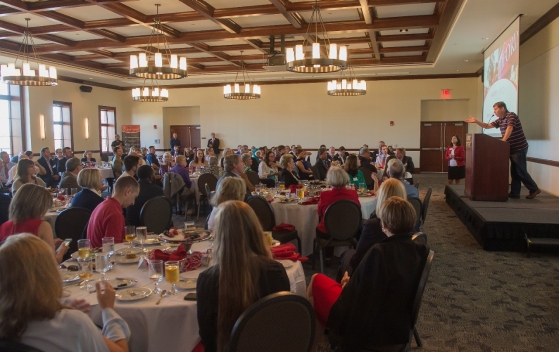 President of the Radford University Alumni Association Kevin Rogers '87 addresses the audience during his closing remarks at the Alumni Volunteer Leadership Business Lunch and Awards luncheon.