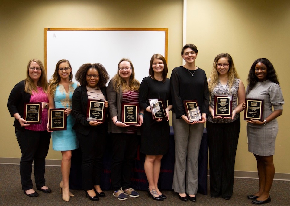 2018 Graduate Student Award recipients (left to right): Emily Armstrong, Stefani Szkalak, Breyuana Smith, Jessica Mattox, Ashley Youngs, Rebecca Cain, Michelle Williams and Kaylah Galloway.