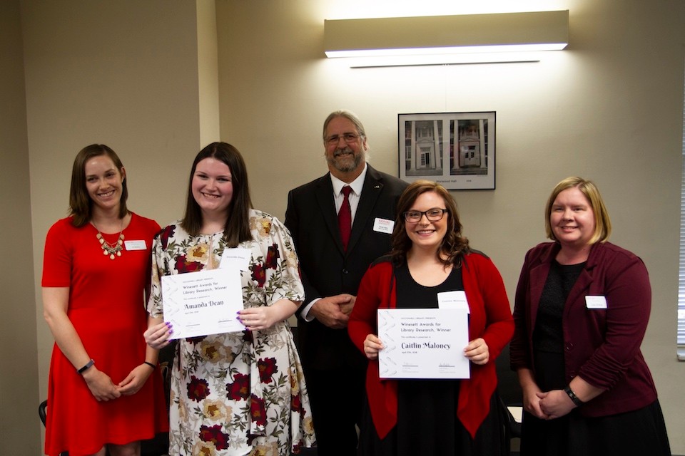 Left to right: Liz Bellamy, Amanda Dean, McConnell Library Dean Steve Helm, Caitlin Maloney and Lisa Dinkle.