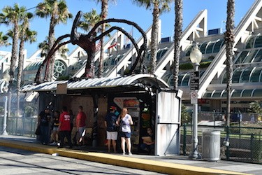 A trolley station outside the convention center where Comic-Con is held.