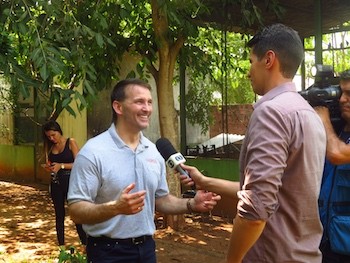 Criminal Justice Professor Egan Green discussing animal trafficking with a Brazilian TV station.