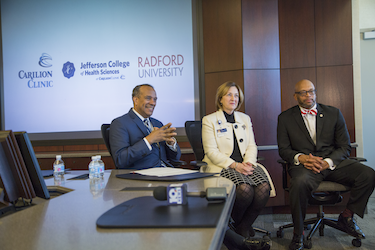 L-R: Jefferson College of Health Sciences President Nathaniel Bishop, Executive Vice President of Carilion Clinic Jeanne Armentrout and Radford University President Brian Hemphill.