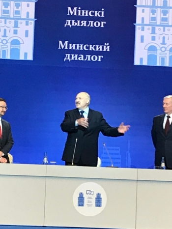 Republic of Belarus President Alexander Lukashenko speaks at the Minsk Dialogue Forum. On the left stands, Thomas Greminger, chairman of the Organization for Security and Cooperation in Europe.