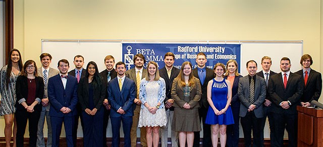 Radford University’s College of Business and Economics (COBE) inducted 19 student members into its Beta Gamma Sigma (BGS) honor society chapter in an April 26 ceremony at Kyle Hall.