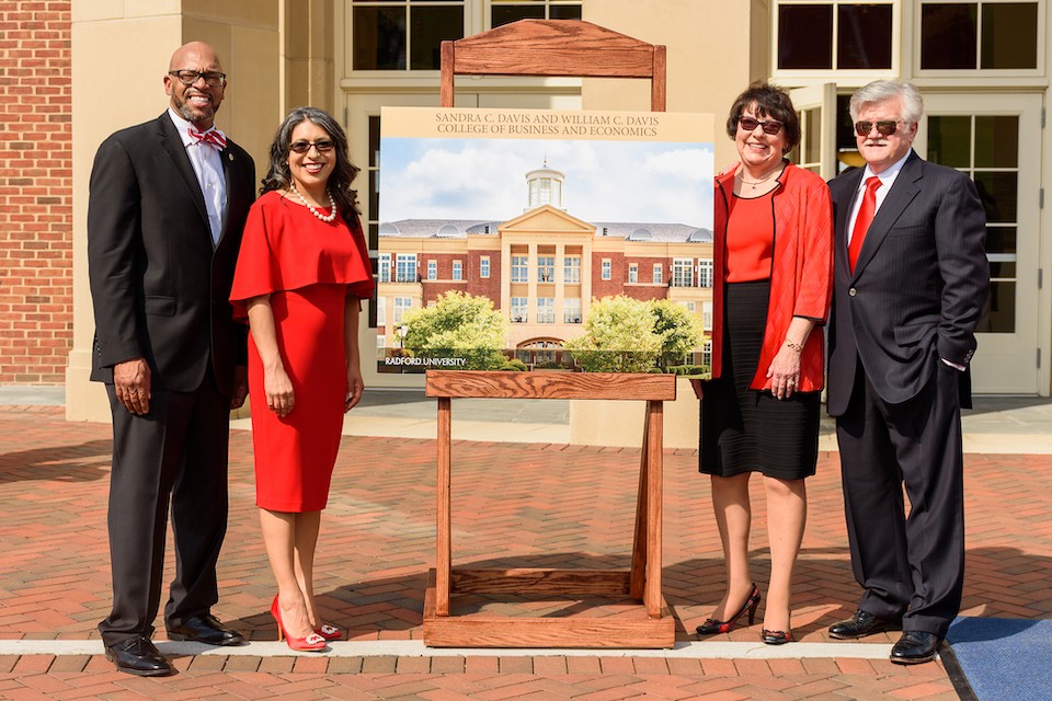 Left to right: Radford University President Brian O. Hemphill, First Lady Marisela Rosas Hemphill, Sandra C. Davis and William C. Davis