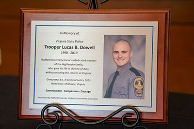 The plaque honoring Trooper Dowell.