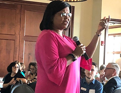 Tia Brown McNair M.S. '96, Ed.D., presents the keynote address at Radford University's sixth annual Institutional Effectiveness Day. 