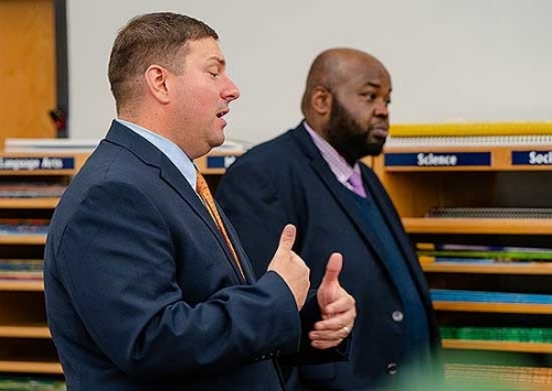 Virginia Superintendent for Public Instruction Dr. James Lane and National Teacher of the Year Rodney Robinson visited Radford University on May 7 to speak with and answer questions from students who are preparing for careers in education.