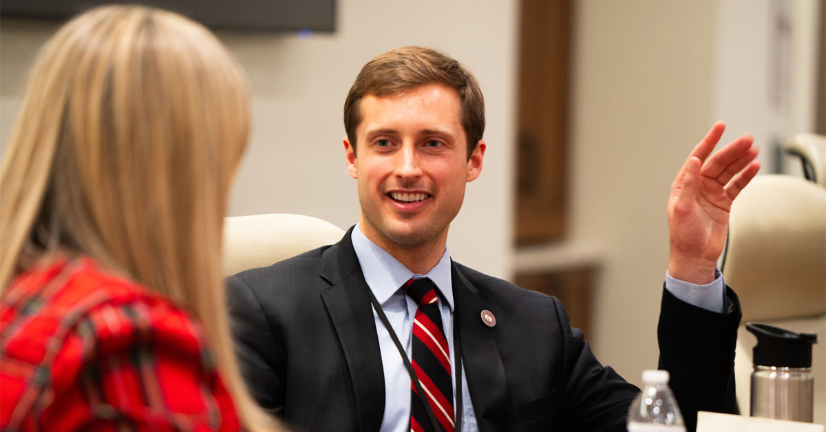 Virginia Assistant Secretary of Commerce and Trade Wyatt Toehkle '18 is interviewed by Board of Visitors member Jennifer Wishon Gilbert on Tuesday, Jan. 23 in Richmond during an Advocacy Day panel discussion on Jan. 23, 2024. 